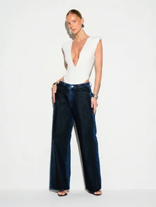 KIZN Sleeveless Deep Plunge V-Neck Bodysuit With Structured Shoulder Pads For Night Out - White - View 3