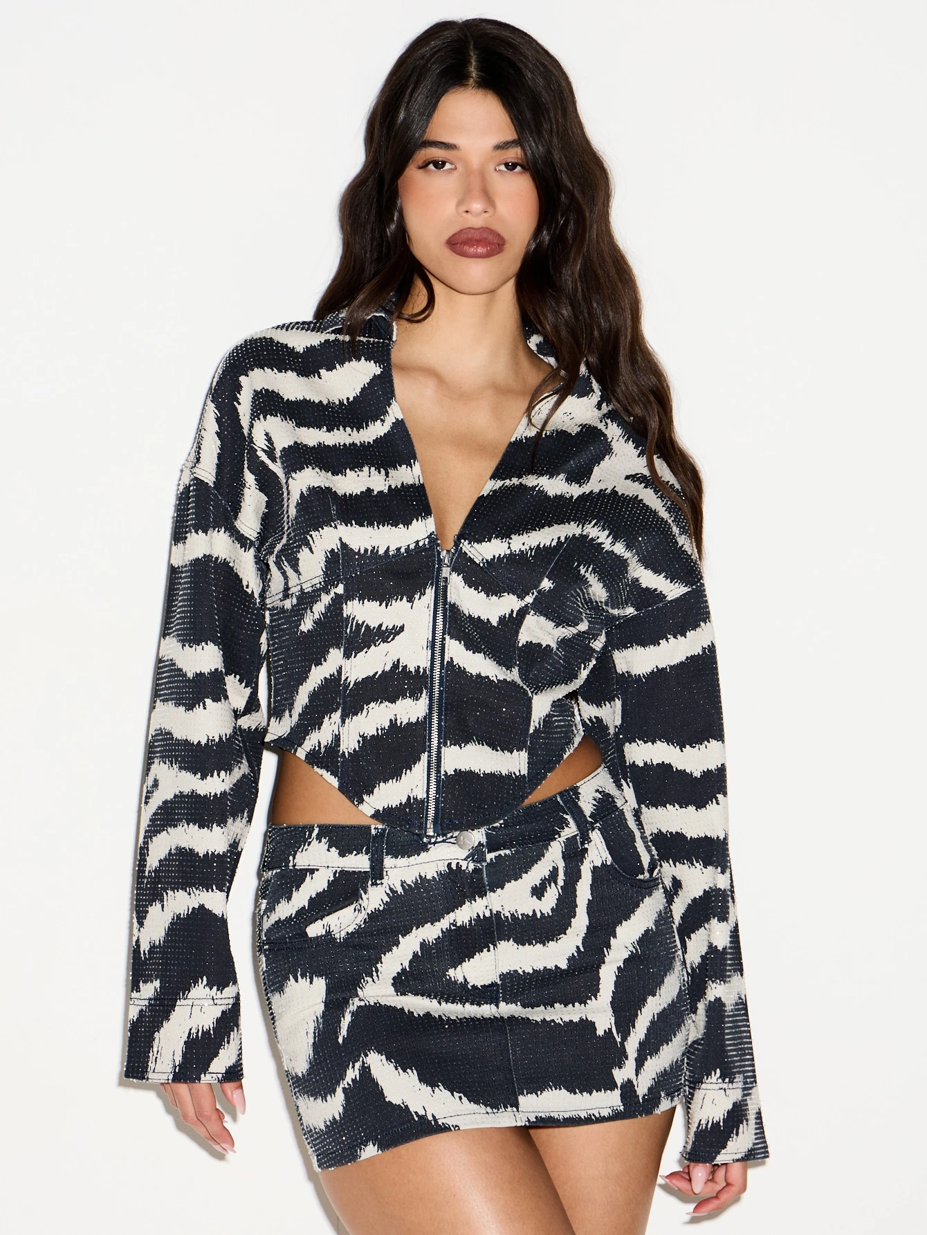 KIZN Zebra Print Cropped Denim Jacket