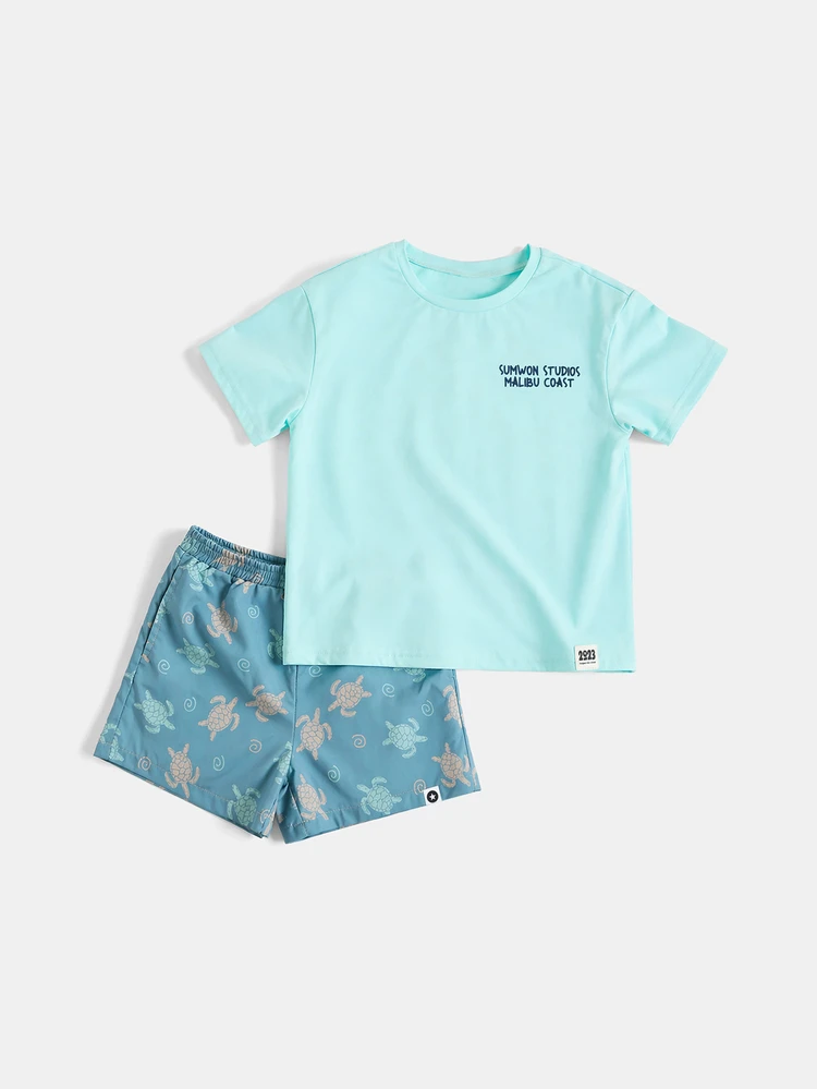 Oversized Ocean Child Turtle Print Crew Neck Short Sleeve T-Shirt And Matching Swim Shorts Co-Ord Set Summer Beach