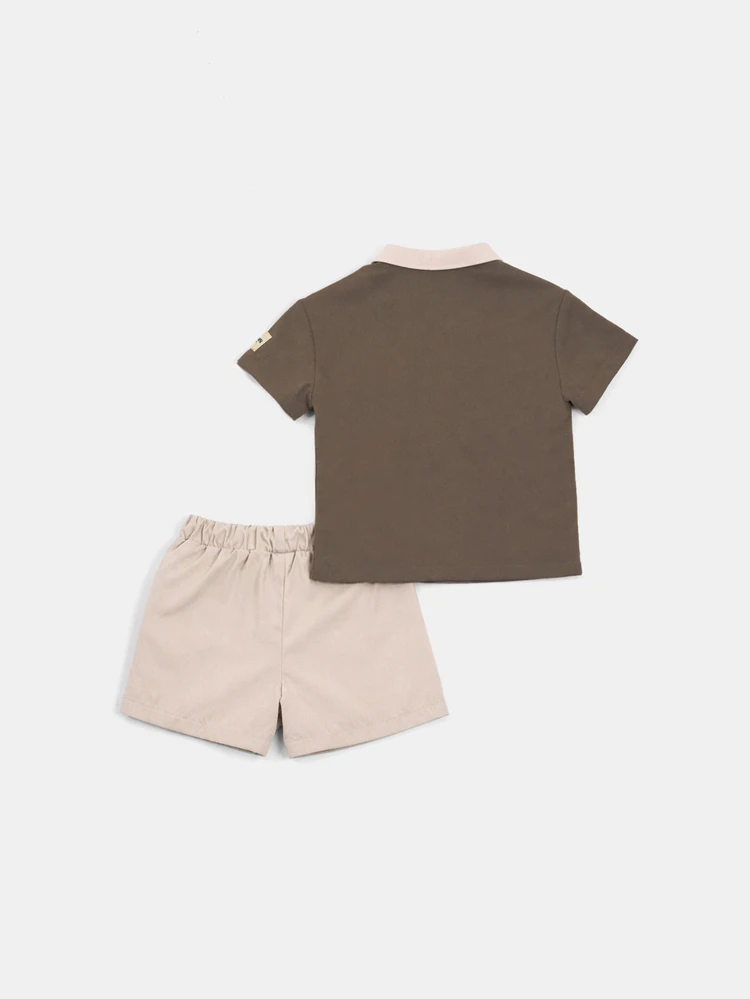 Conjunto de Duas Peças Coordenado de Verão com Top Polo de Manga Curta e Gola Casual e Shorts com Cordão e Cintura Elástica para Meninos