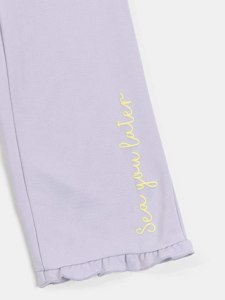 Girls Lavender Ruffle Hem T-Shirt And Wide Leg Pant Coord Set With Sea You Later Script Embroidery Summer Casual Outfit