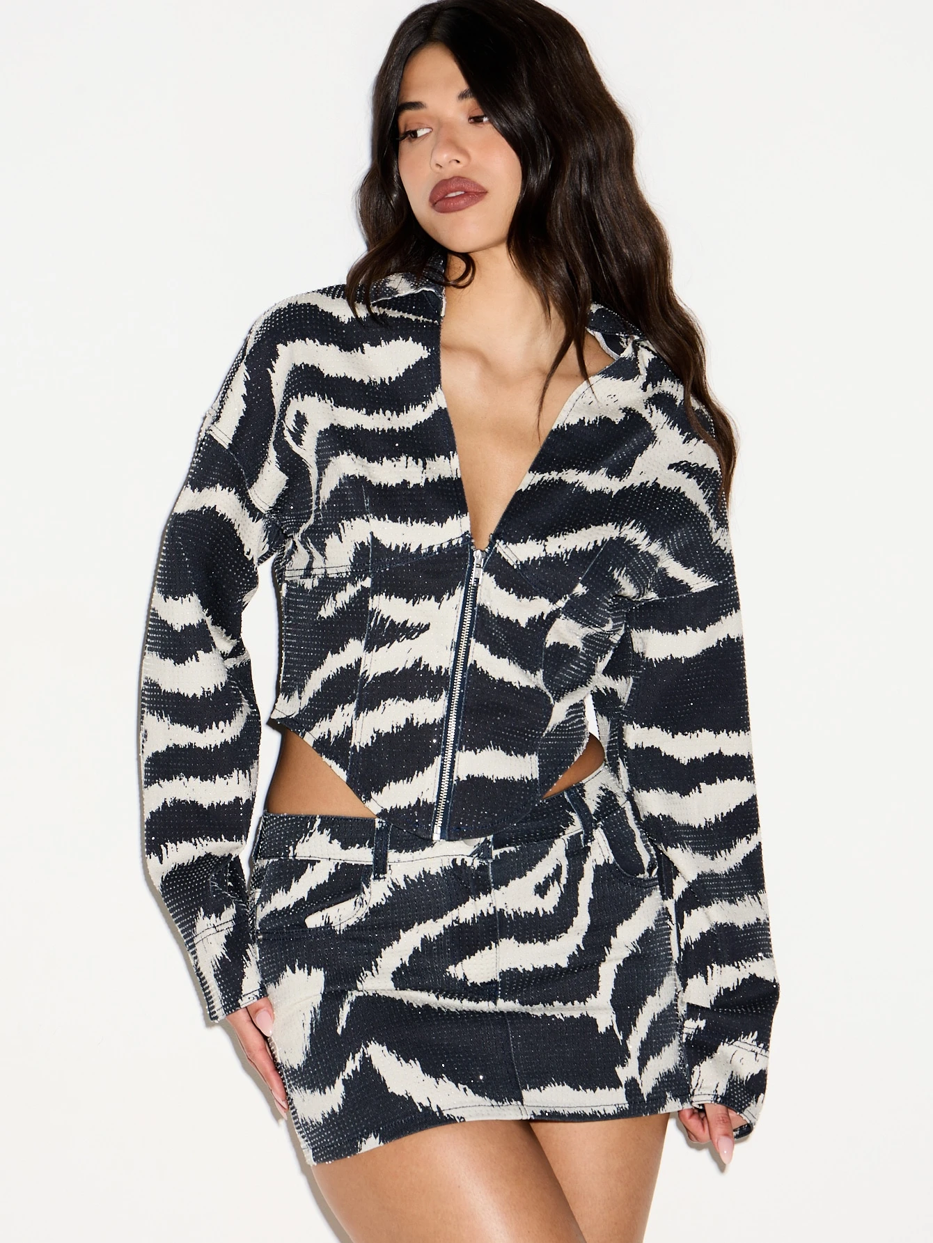 KIZN Zebra Print Cropped Denim Jacket