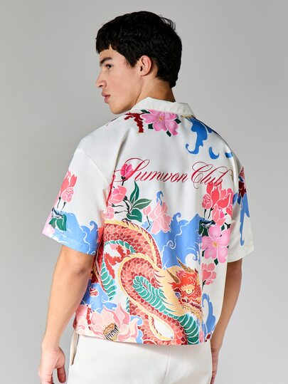 SUMWON Boxy Fit Short Sleeve Resort Print Shirt With Dragon And Floral Pattern For Summer Vacation Casual Wear