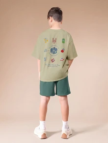 SUMWON Oversized Tween Boys Summer Co-Ord Set With Graphic Print T-Shirt And Matching Shorts Casual Vacation Outfit - Green - View 1