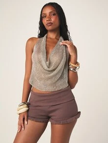 MISSGUIDED Quần short bó sát dệt kim gân có gấu xếp ly, dáng ngắn, thích hợp cho mùa hè, lễ hội hoặc các dịp thường ngày. - màu nâu - Xem 4