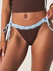 MISSGUIDED Tie-Side Bikini Bottom With Contrast Light Blue Lace Trim And Side Ties Summer Beach Swimwear - Brown - View 2