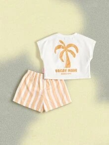 SUMWON Vacay Mode Palm Tree Graphic Two Piece Outfit Set With Striped Shorts For Summer Beach Holiday Casual - White - View 1