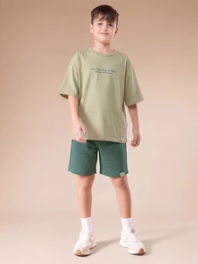 SUMWON Oversized Tween Boys Summer Co-Ord Set With Graphic Print T-Shirt And Matching Shorts Casual Vacation Outfit - Green - View 7