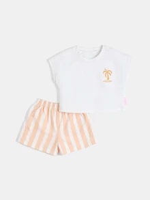 SUMWON Vacay Mode Palm Tree Graphic Two Piece Outfit Set With Striped Shorts For Summer Beach Holiday Casual - White - View 2