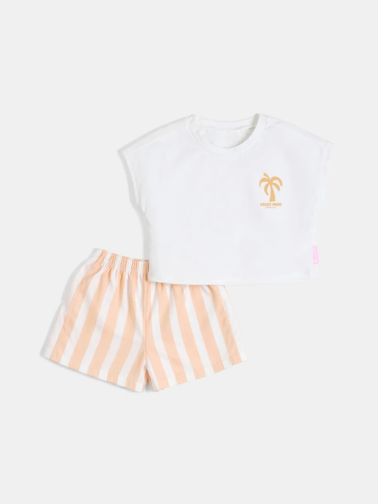 Ensemble deux pièces avec imprimé palmier "Mode vacances" avec short rayé pour l'été, vacances à la plage, décontracté