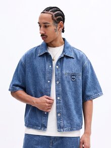 SUMWON Oversized Denim Co-Ord Set With Button Down Shirt And Relaxed Shorts For Casual Summer Streetwear - Blue - View 3