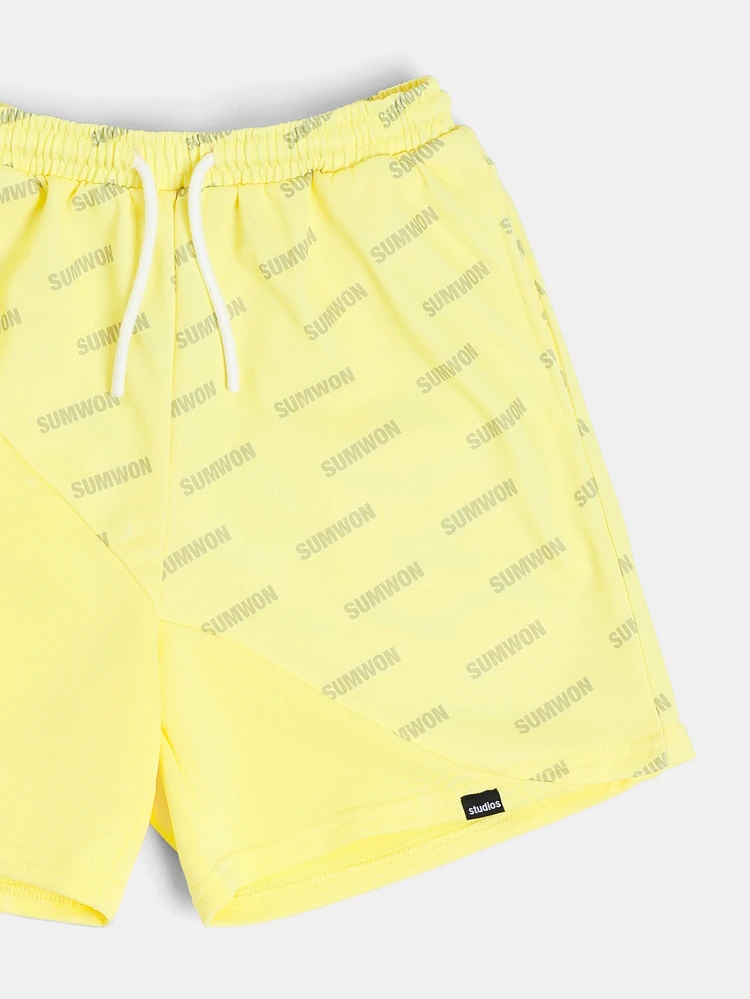 Yellow Short Sleeve Tee And Shorts Coordinated Set With All Over Print Design For Summer Casual Wear