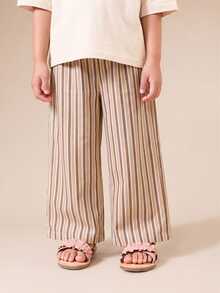 SUMWON Girls Summer Beach Coordinate Set Tropical Palm Tree Graphic Top With Striped Wide Leg Pants Two Piece Vacation Outfit - Beige - View 4