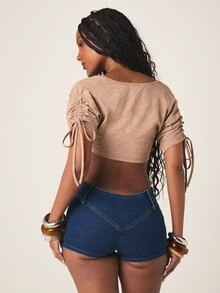 MISSGUIDED Tie-Front Deep V-Neck Crop Top With Ruched Drawstring Sleeves, Summer Festival Style Bolero Blouse - Apricot - View 2
