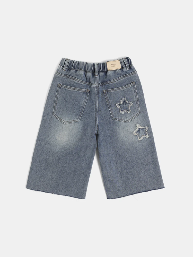 Boys Frayed Hem Denim Shorts With Star Applique Patches Summer Casual Elastic Waist Drawstring Blue Jean Shorts Distressed