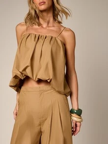 Puffball Ruched Crop Cami Top And Wide Leg Pleated Trouser Co-Ord Two Piece Set Summer Holiday - Khaki - View 5