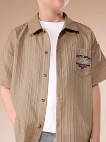 SUMWON Chemise rayée à manches courtes avec col camp pour garçons, style décontracté, boutonnée devant, pour porter au quotidien, en vacances à la plage ou en été - Taupe - Voir 5