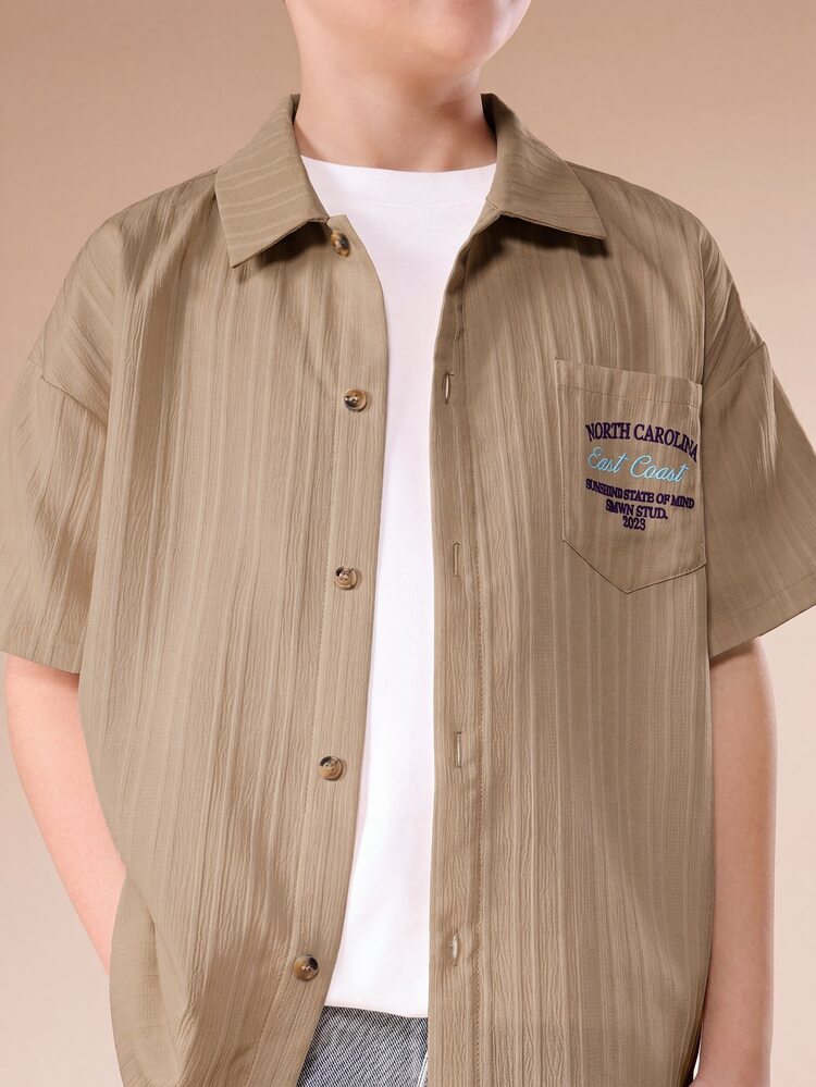 Camisa Listrada de Botão Casual Oversized para Meninos, Manga Curta, Colarinho Esporte, Uso Diário, Praia, Férias de Verão