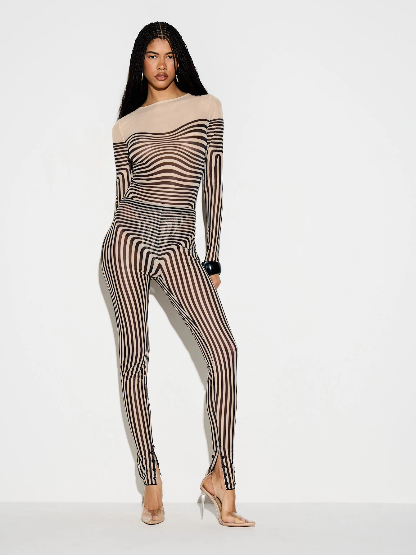KIZN Illusion Print Long Sleeve Mesh Jumpsuit