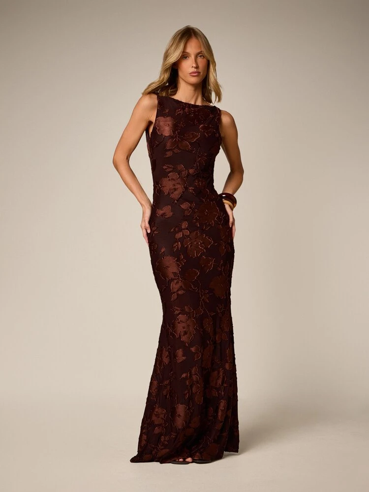 Floral Devore Cowl Neck Open Back Maxi Dress