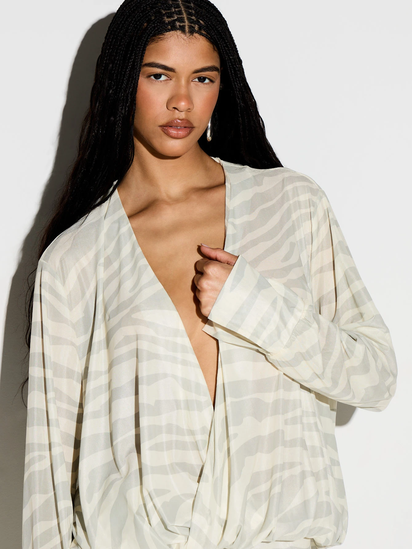 KIZN Long Sleeve Zebra Print Plunge Cover Up Dress