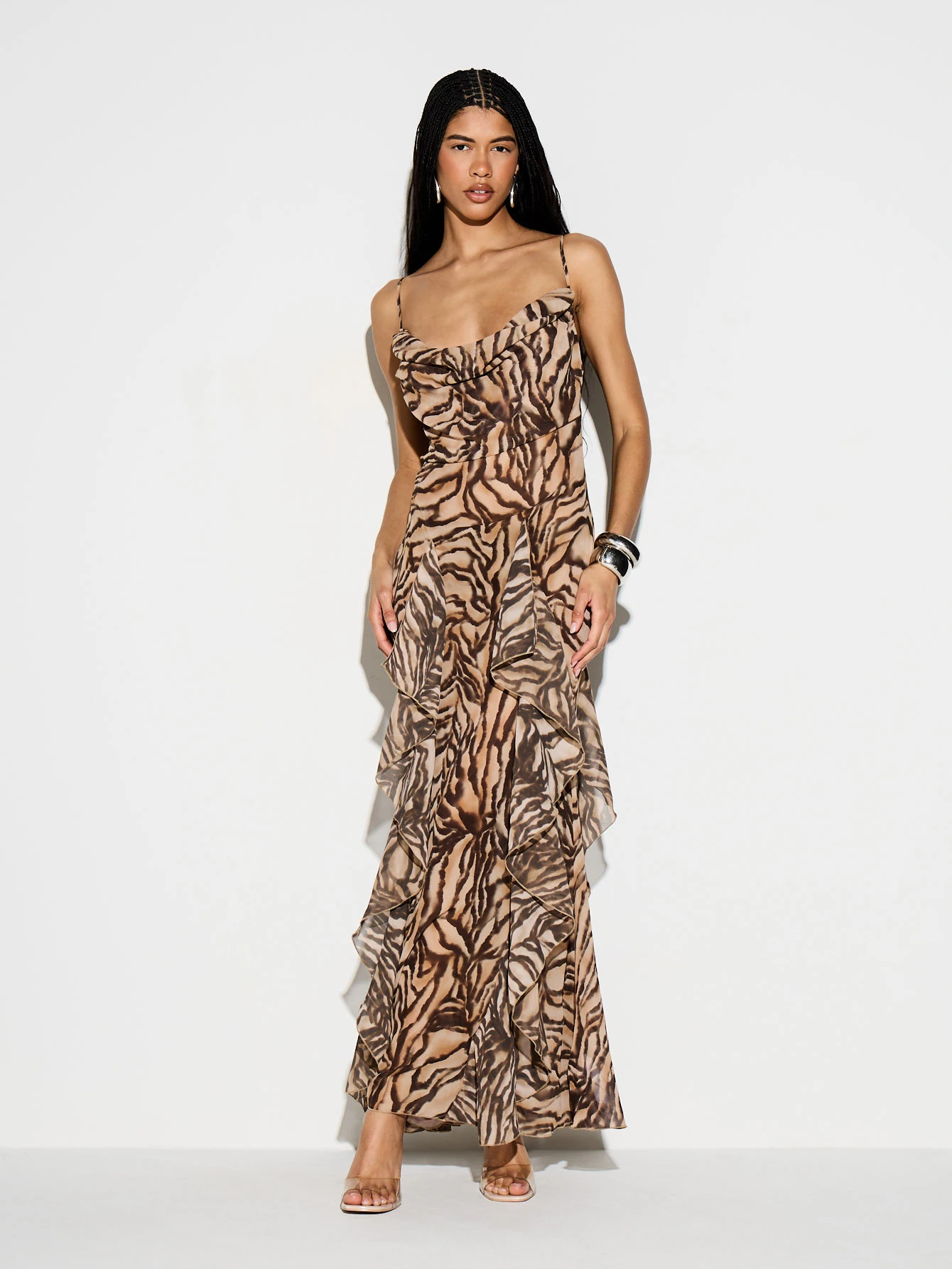 KIZN Tiger Print Cowl Neck Dress With Ruffles