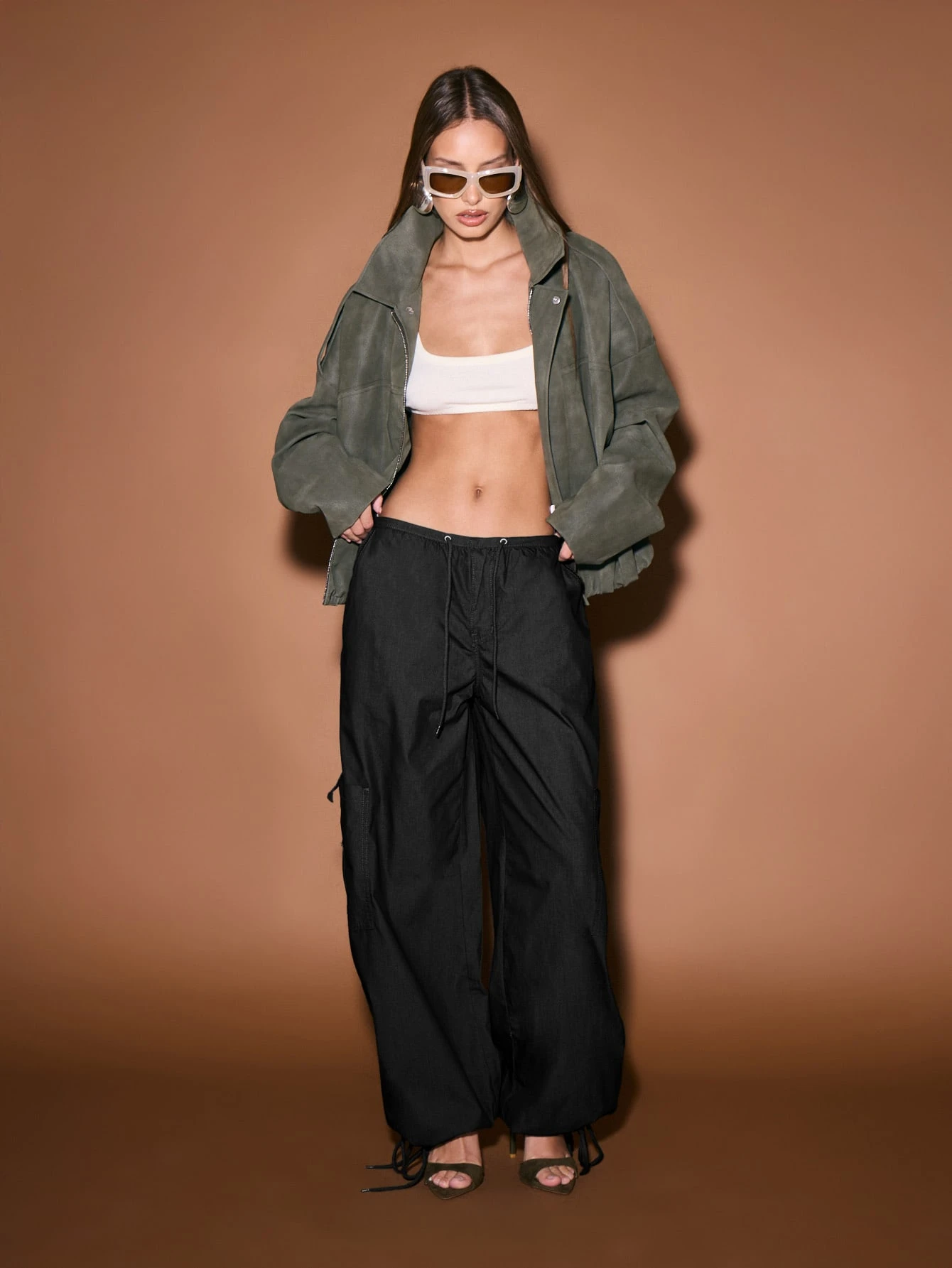 Wide Leg Cargo Pants With Drawstring Ankles
