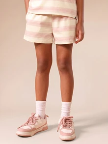 SUMWON Striped Tween T-Shirt And Shorts Co-Ord Set With Saturday Social Club Print Casual Summer Outfit For Girls - Beige - View 4
