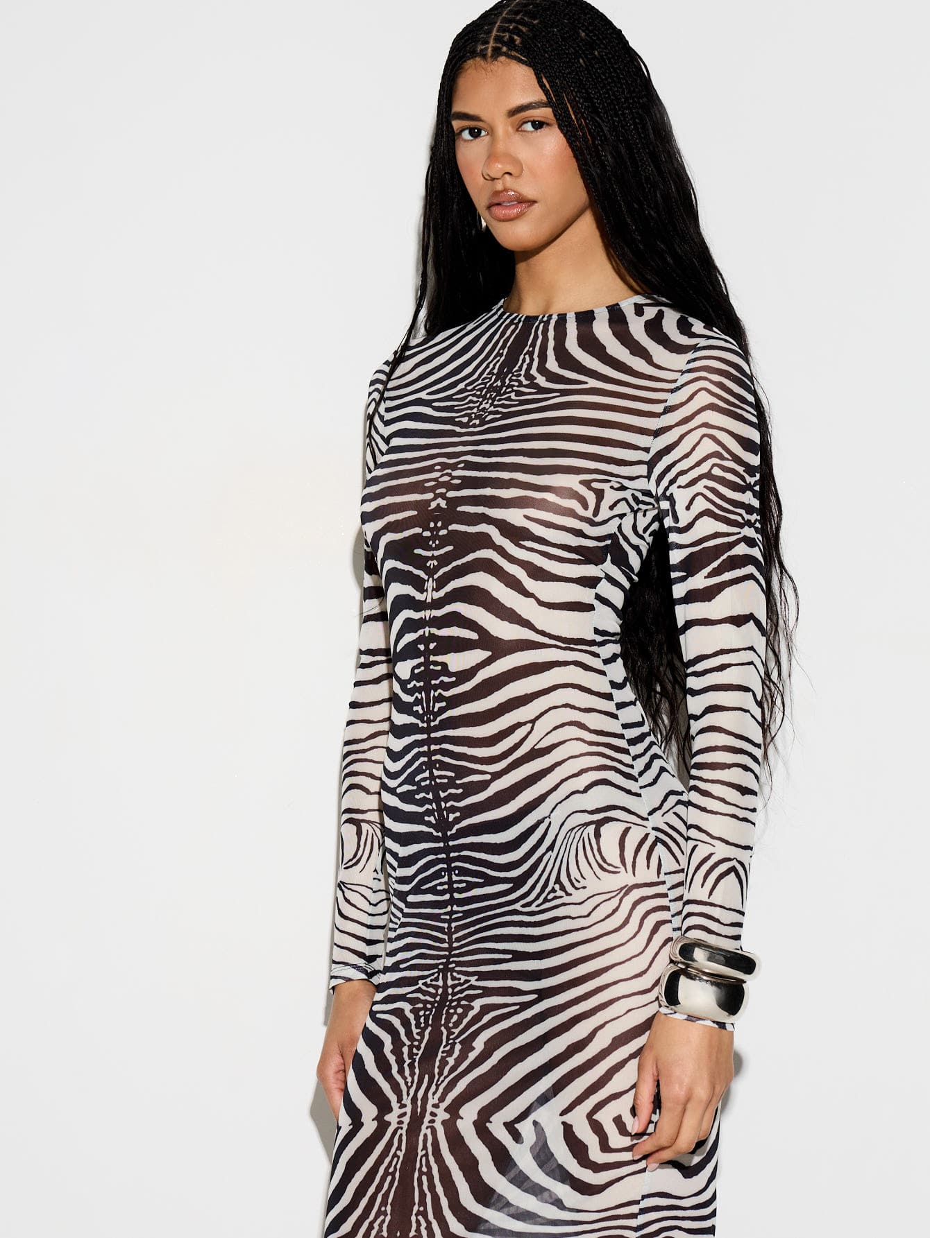 KIZN Zebra Print Mesh Maxi Dress With Long Sleeves