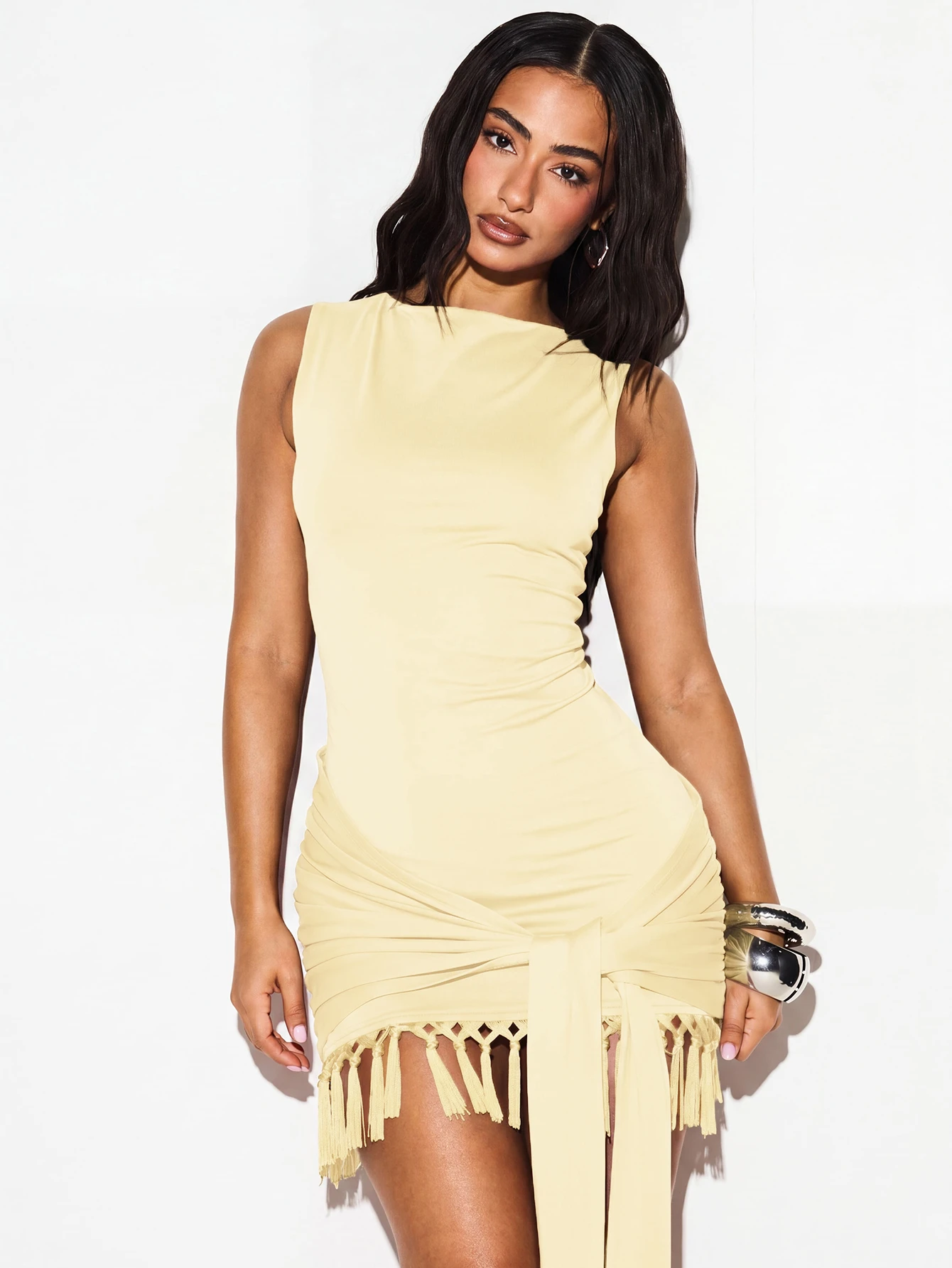 Sleeveless Ruched Mini Dress With Fringe Hem
