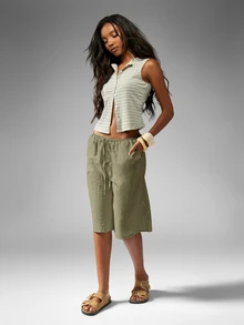 MISSGUIDED Pull On Linen Feel Look Long Bermuda Casual Relaxed Fit Summer Drawstring Pocket Knee Length Cargo Style Shorts - Army Green - View 5