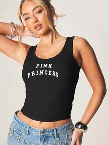 MISSGUIDED 粉色公主图案罗纹吊带背心，圆领设计 - 短款无袖背心 - 黑色 - 查看 6