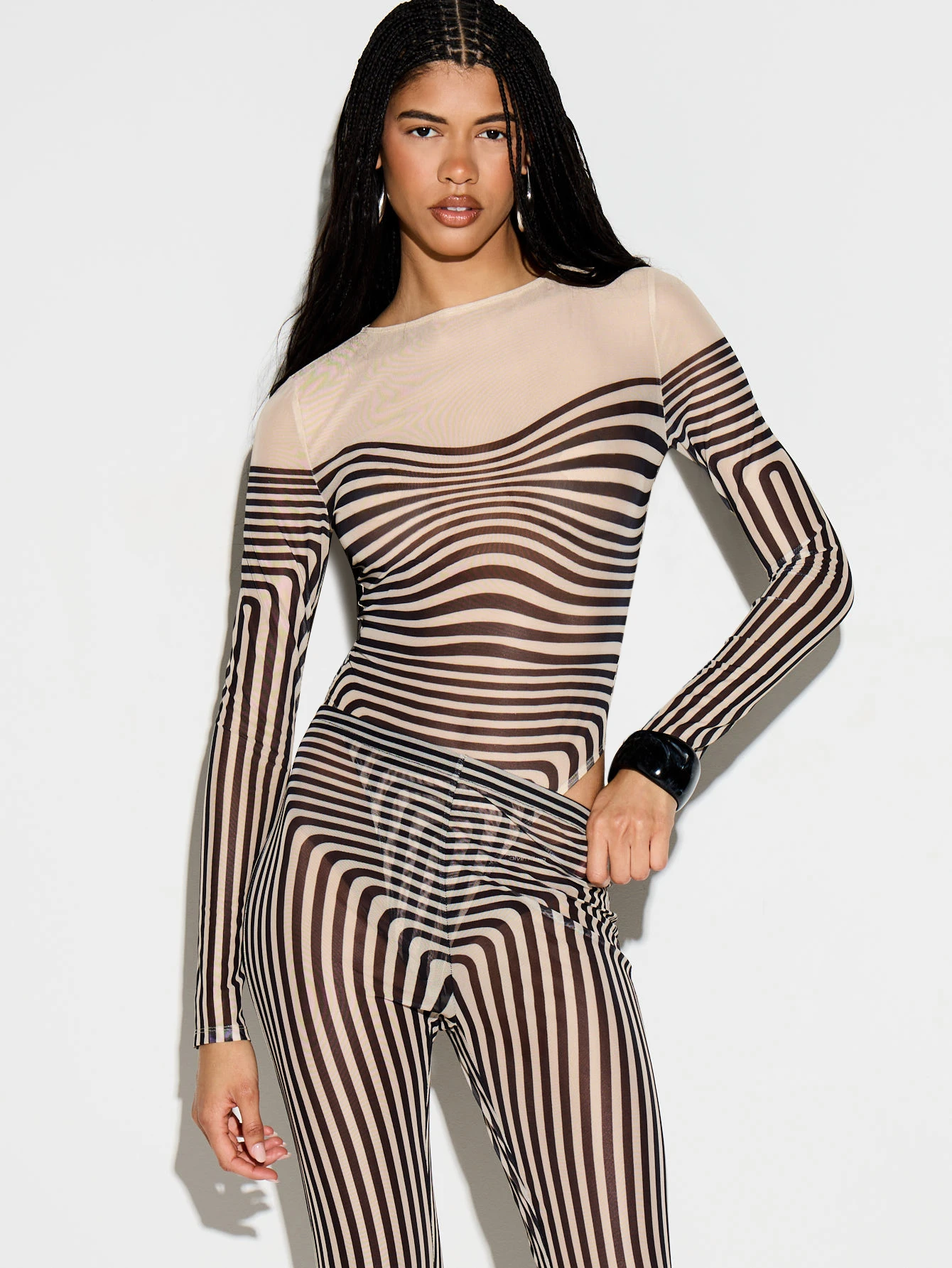 KIZN Illusion Print Long Sleeve Mesh Jumpsuit