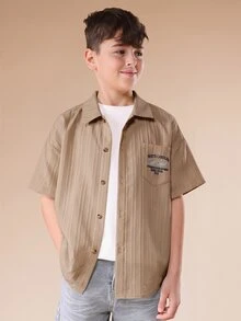 SUMWON Chemise rayée à manches courtes avec col camp pour garçons, style décontracté, boutonnée devant, pour porter au quotidien, en vacances à la plage ou en été - Taupe - Voir 4
