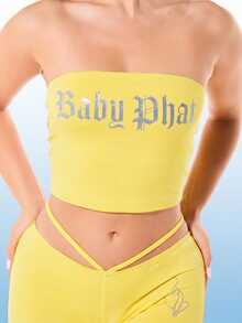 BABYPHAT 亮片字母印花Logo针织抹胸露脐上衣 - 无肩带夏季节日上衣 - 鵝黃色 - 查看 7
