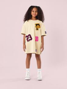SUMWON Oversized T Shirt Dress With Varsity Patches And Letter Appliques Crew Neck Short Sleeves - Yellow - View 5