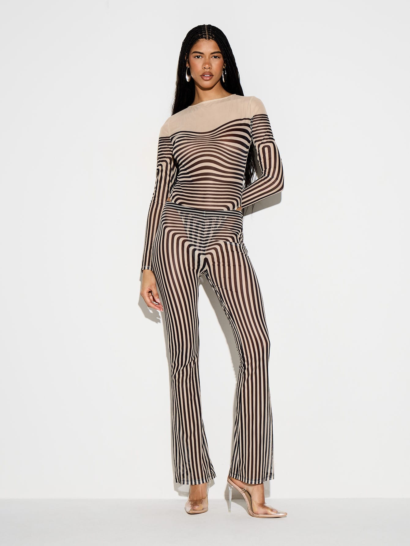 KIZN Striped Mesh Flare Trousers With Vertical Print