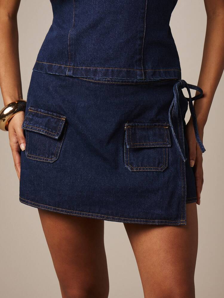 MISSGUIDED High Rise Wrap Front Stretch Denim Mini Skirt With Pockets And Belt Detail For Casual Spring Summer - Blue - View 1