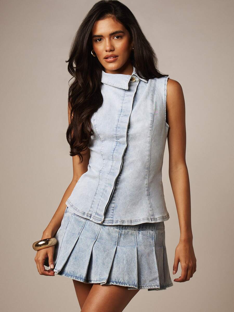 MISSGUIDED 修身不对称纽扣前襟无袖浅色水洗牛仔领上衣 - 藍色 - 查看 1