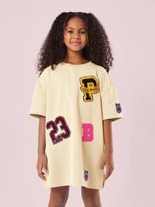 SUMWON Oversized T Shirt Dress With Varsity Patches And Letter Appliques Crew Neck Short Sleeves - Yellow - View 3