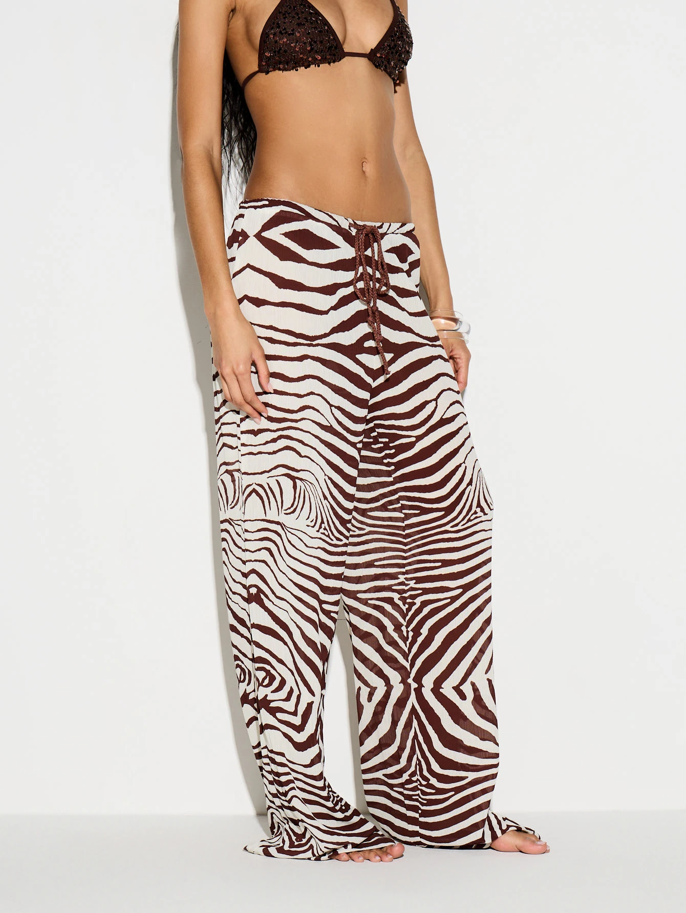 KIZN Tiger Print Wide Leg Pants With Lace Up Detail