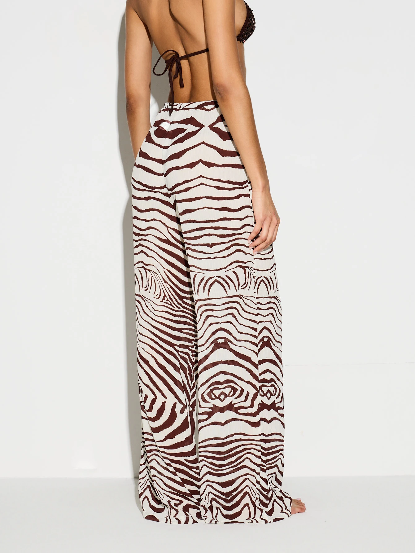 KIZN Tiger Print Wide Leg Pants With Lace Up Detail