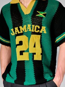 Áo polo dệt kim móc họa tiết Jamaica 24 với cổ chữ V và họa tiết sọc dọc, thích hợp cho các lễ hội mùa hè. - Nhiều màu - Xem 4