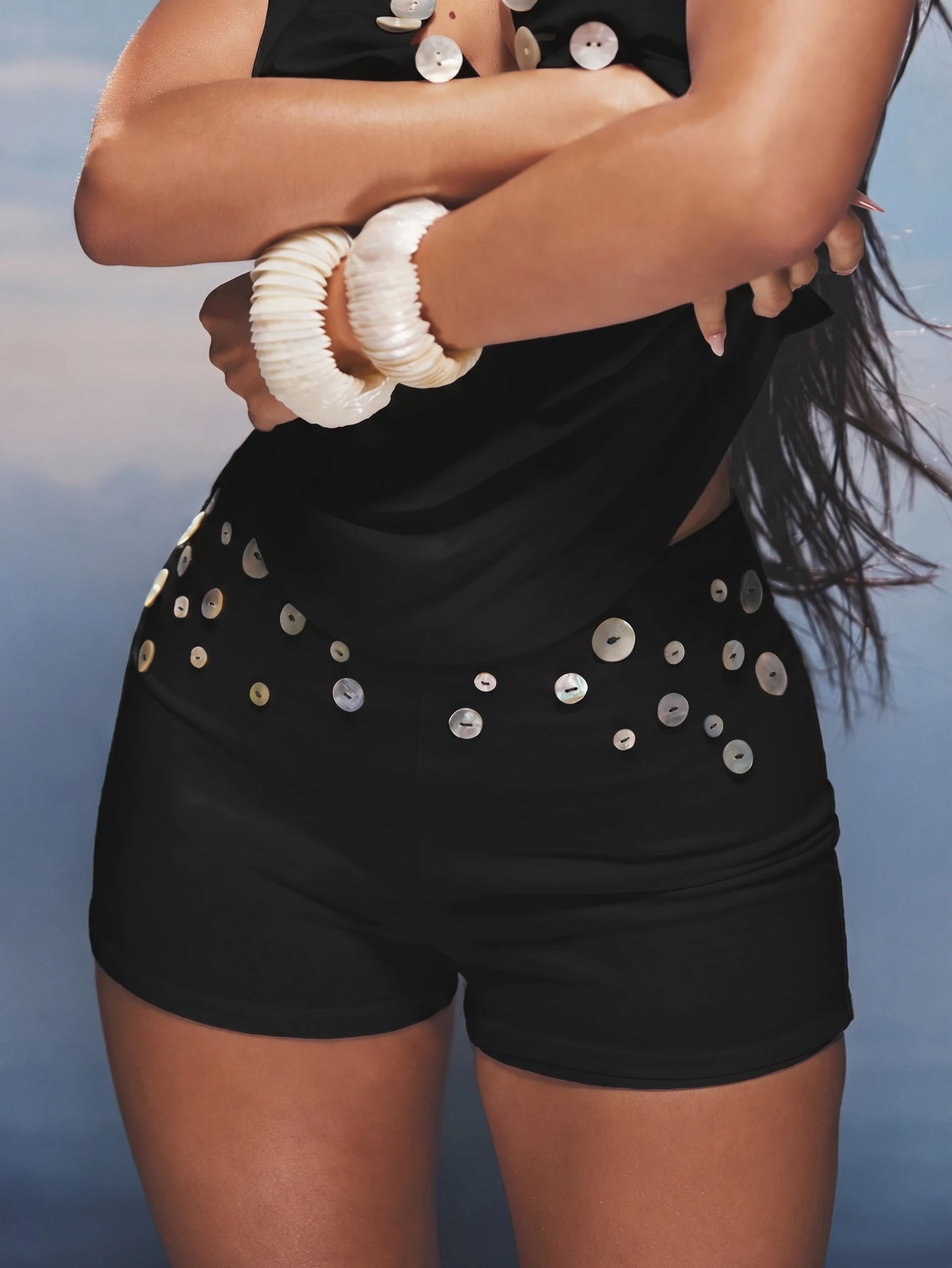 High-Waist Mini Shorts With Shell Button Embellishments