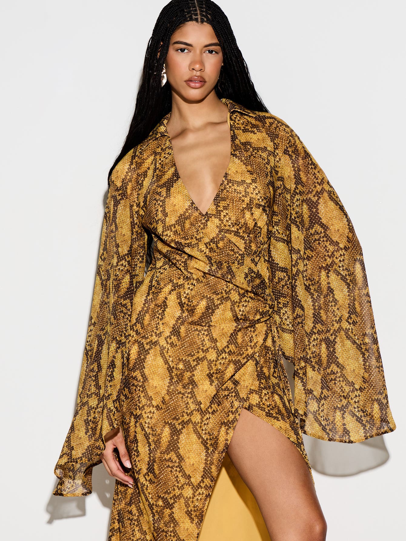 KIZN Snake Print Chiffon Wrap Maxi With Waterfall Sleeves