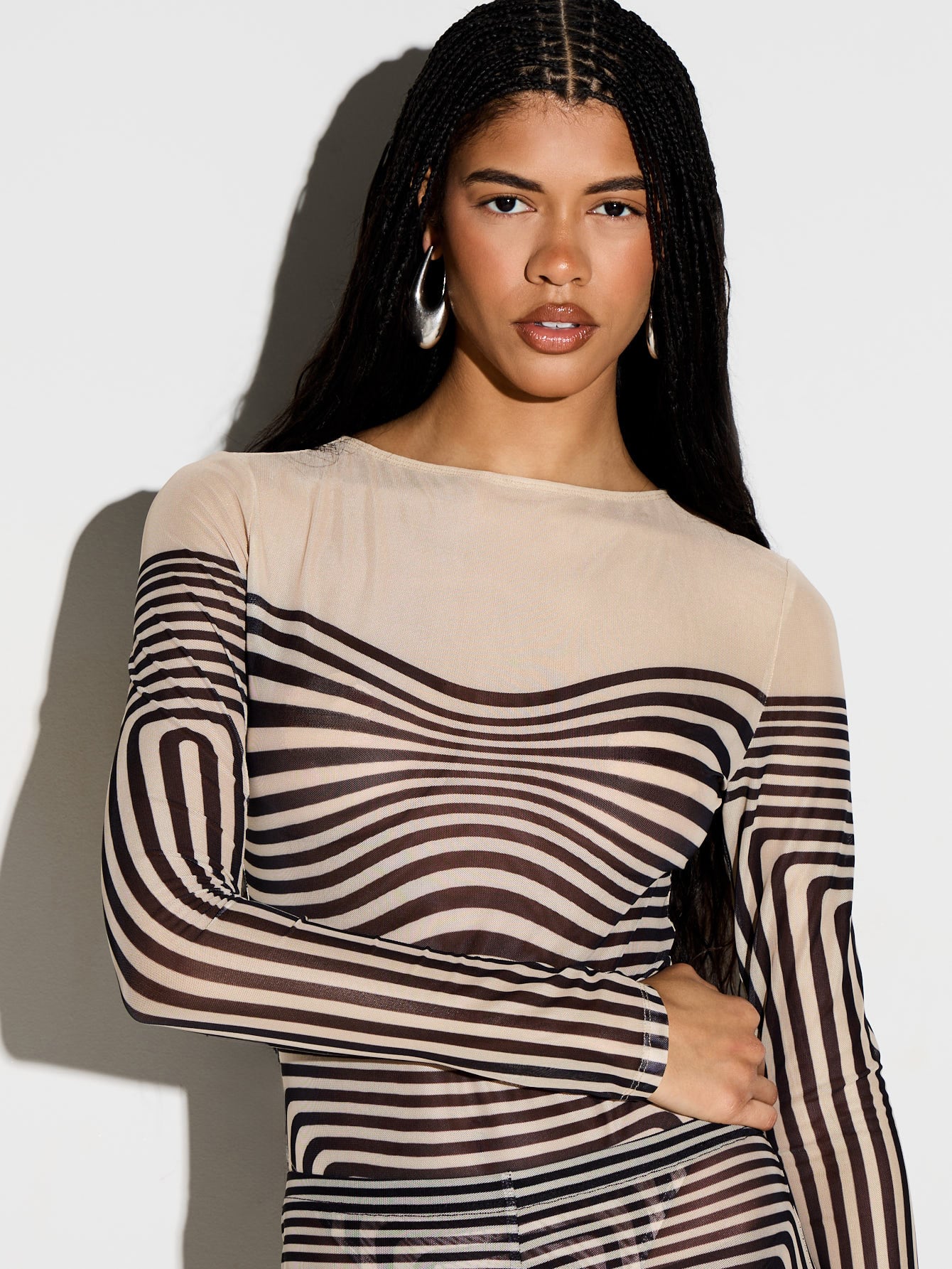 KIZN Illusion Print Long Sleeve Mesh Jumpsuit
