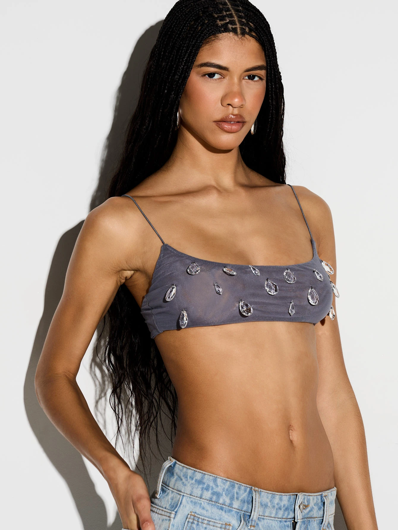 KIZN Mesh Bralette With Crystal Embellishments And Spaghetti Straps