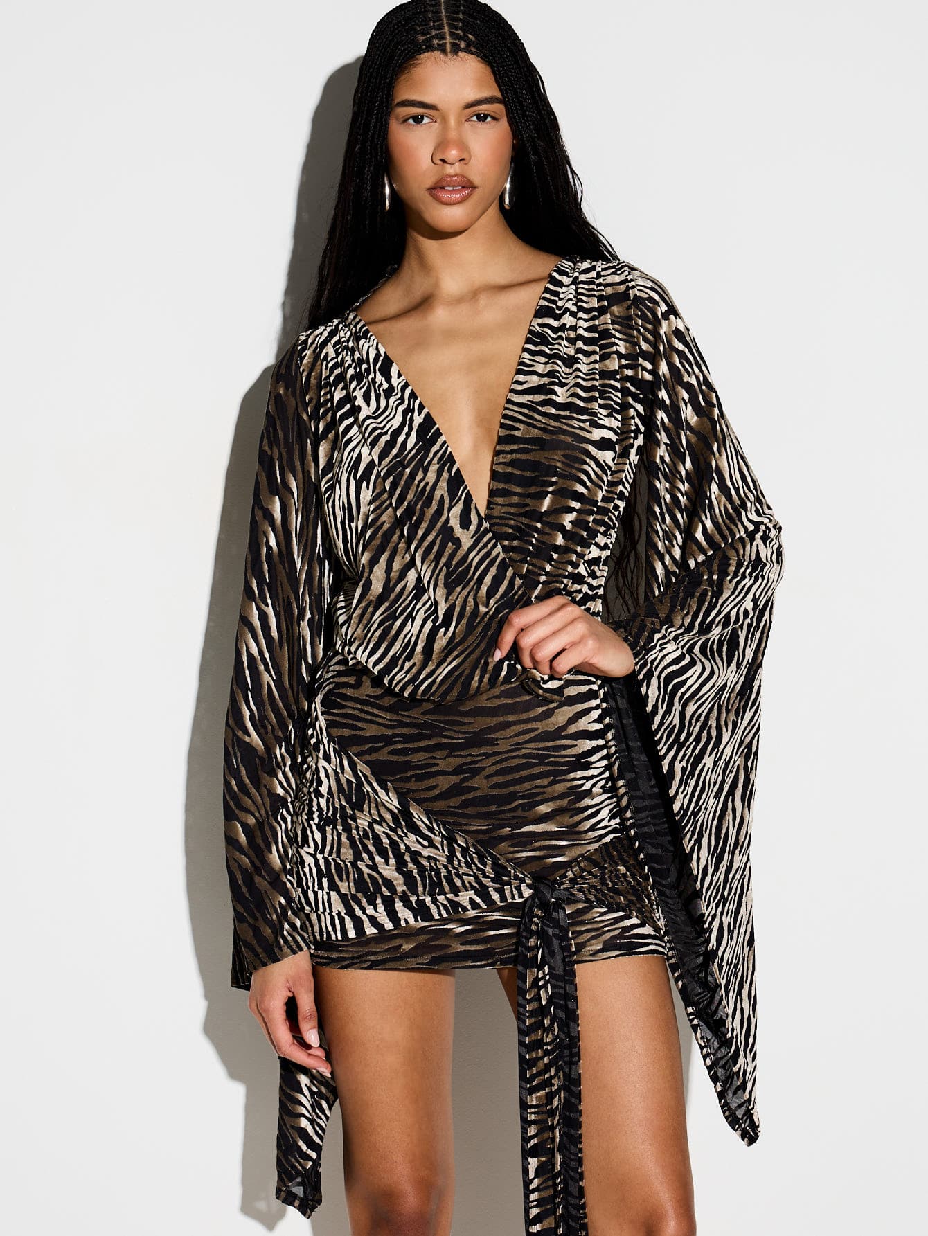 KIZN Zebra Print Cowl Neck Flare Sleeve Mini Dress