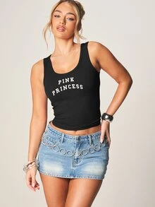 MISSGUIDED 粉色公主图案罗纹吊带背心，圆领设计 - 短款无袖背心 - 黑色 - 查看 4