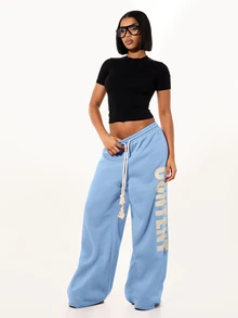 SUMWON WOMEN Oversized Wide Leg Fleece Sweatpants With Contrast Vertical Graphic Print And Rope Drawstring Waist - Baby Blue - View 5